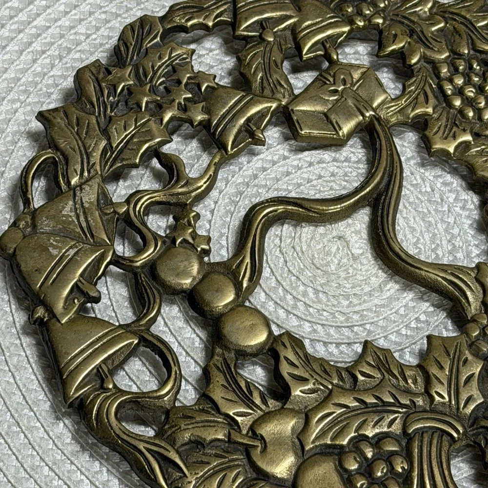Vintage Brass Footed Christmas Themed Trivet Made‎ in Taiwan- Republic of China